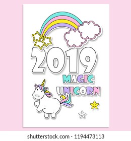 vector illustration of 2019 calendar with cute unicorn and rainbow