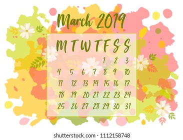 Vector illustration of 2019 calendar set with abstract season background. For print notebooks. Cute page for notes and time managment. Daily planner 2019 calendar for companies and private use.