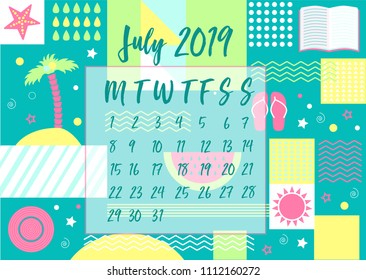 Vector illustration of 2019 calendar set with abstract season background. For print notebooks. Cute page for notes and time managment. Daily planner 2019 calendar for companies and private use.