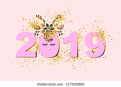 Vector Illustration with 2019 and Deer with headband as Happy New Year postcard, party invitation, postcard motive, Merry Christmas card.