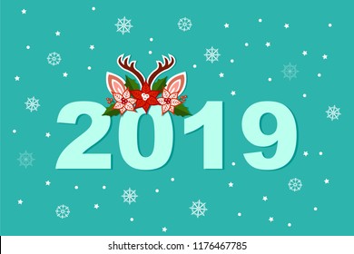 Vector Illustration with 2019 and Deer headband as Happy New Year postcard, party invitation, postcard motive, Merry Christmas card.