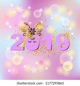 Vector Illustration with 2019 and Deer with headband as New Year card, party invitation, postcard motive, Merry Christmas card. 2019 isolated on blurred background.
