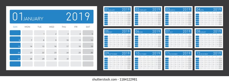 Vector illustration of 2019 desk calendar. Simple and clean design, editable and printable calendar template.