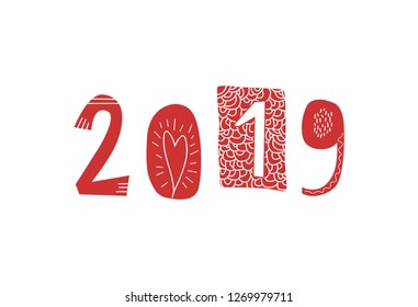 Vector illustration with 2019 in doodle style