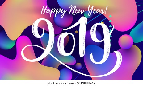 Vector illustration, 2019 hand written lettering. Happy New Year card design element on a bright abstract background