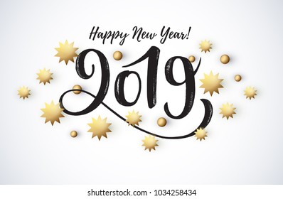 Vector illustration, 2019 hand written lettering. Happy New Year card design element