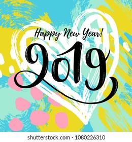 Vector illustration, 2019 hand written lettering. Happy New Year card design  with a bright doodle background.