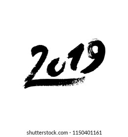 Vector illustration of 2019 hand written calligraphy. Brush lettering of 2019 text for Happy New Year card design. Illustration for Christmas card, print, calendar, sticker, invitation, poster. EPS 10