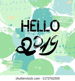 Vector illustration, 2019 hand written lettering. Happy New Year card design with a bright doodle background.