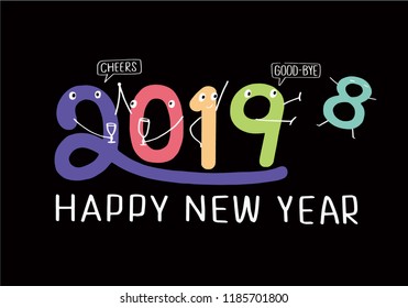 Vector illustration, 2019 hand written lettering. Happy New Year card design element