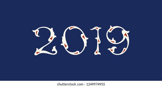Vector illustration. 2019 hand written floral lettering. Happy New Year card design element.