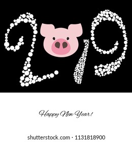 Vector illustration. 2019 happy new year. The year of the pig. Funny banner, postcard with a picture of a pig and a wish.