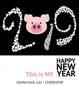 Vector illustration. 2019 happy new year. The year of the pig. Funny banner, postcard with a picture of a pig and a wish.