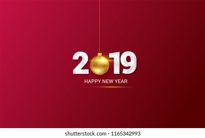  Vector Illustration of 2019 Happy New Year with golden hanging ball
