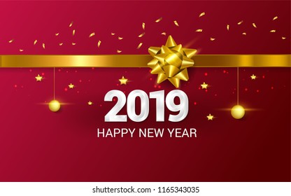 Vector Illustration of 2019 Happy New Year background with golden gift bow and confetti