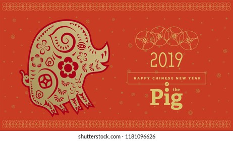 Vector illustration. 2019 Happy New Year design template, Asian Lunar Year. Hieroglyphs means congratulations on getting rich.