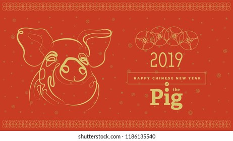 Vector illustration. 2019 Happy New Year design template, Asian Lunar Year. Hieroglyphs means congratulations on getting rich.