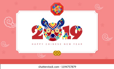 Vector illustration. 2019 Happy New Year design template, Asian Lunar Year.