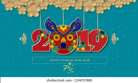 Vector illustration. 2019 Happy New Year design template, Asian Lunar Year. 
