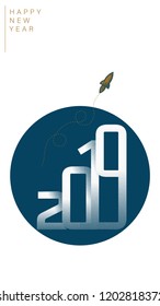 Vector illustration. 2019 Happy New Year design template  for mobile, abstract rocket launch flying into space.