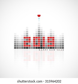 vector illustration of 2019 Happy New Year greeting looks like digital equalizer display with hearts on its top