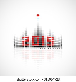 vector illustration of 2019 Happy New Year greeting looks like digital equalizer display with hearts on its top