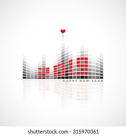 vector illustration of 2019 Happy New Year greeting looks like digital equalizer display with hearts on its top