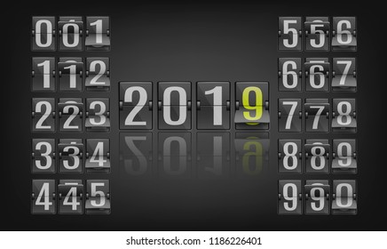 Vector illustration of 2019 new year banner template with flip mechanical timetable in movement and various numbers in different positions in realistic style on dark background.