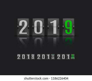 Vector illustration of 2019 new year banner template with flip mechanical timetable in movement - scoreboard with various positions of number in realistic style on black background.