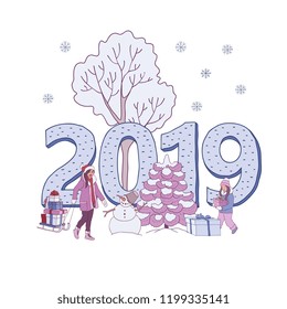 Vector illustration of 2019 New Year and Christmas banner with woman and girl carrying wrapped gift boxes isolated on white background with snowman near snowy trees and big number in sketch style.