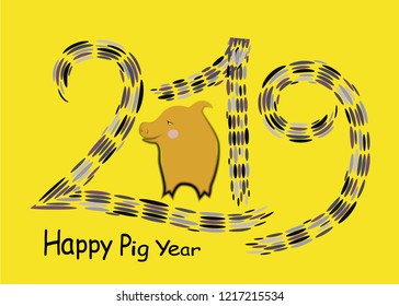 Vector, illustration - 2019 new year postcard, Pig year, eastern horoscope card.