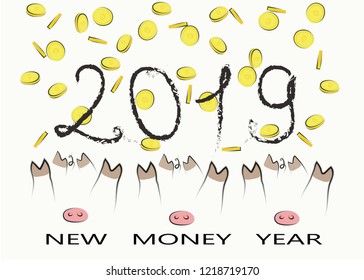 Vector illustration - 2019 New Year postcard , background ,celebrating card, eastern horoscope ,pig year, gold money.