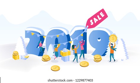 Vector illustration of 2019 New Year and Christmas holiday , sale, people buying goods online, big number and discount label. gift boxes, coins, Christmas tree, small people very happy.