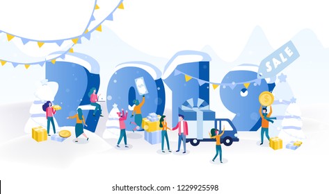 Vector illustration of 2019 New Year and Christmas holiday , sale, people buying goods online, big number and discount label. gift boxes, coins, Christmas tree, small people very happy.