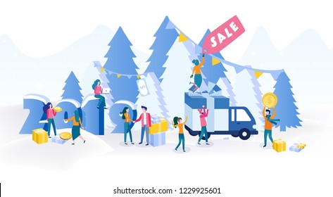 Vector illustration of 2019 New Year and Christmas holiday , sale, people buying goods online, big number and discount label. gift boxes, coins, Christmas tree, small people very happy.