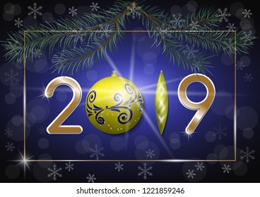 vector illustration of 2019 on a fabulous winter background with glitter snowflakes, pine and spruce branches and in place of numbers are Christmas decorations