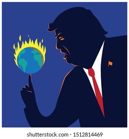 Vector Illustration, 2019, September 24: Donald Trump yells at the burning globe, which he balances on his pointing finger