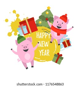 Vector illustration of 2019. Symbol of Chinese New Year 2019. Cute pigs, gift boxes and christmas tree illustrations with Happy New Year text for logo, icon, card. EPS 10.