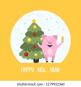 Vector illustration of 2019. Symbol of Chinese New Year 2019. Cute pig and christmas tree illustrations with Happy New Year text for logo, icon, card. EPS 10.