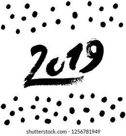 Vector illustration of 2019 text on polka dot background. Useful for invitations, scrapbook, Christmas card, poster, sticker, clip art. New Year greeting.
