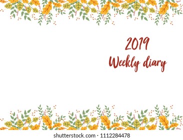Vector illustration of 2019 weekly diary cover with abstract autumn background. For print notebooks, daily planner for companies and private use. Organizer and Schedule, diary, planner page template. 