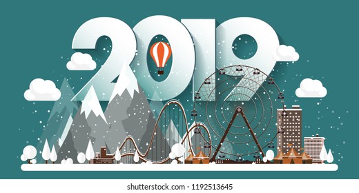 Vector illustration. 2019 winter urban landscape. City with snow. Christmas and new year. Cityscape. Buildings.Mountaines, nature. Ferris wheel, park.