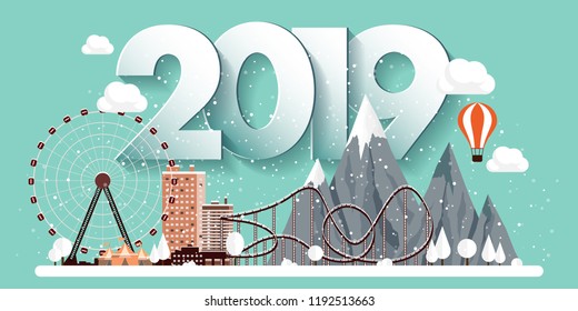 Vector illustration. 2019 winter urban landscape. City with snow. Christmas and new year. Cityscape. Buildings.Mountaines, nature. Ferris wheel, park.