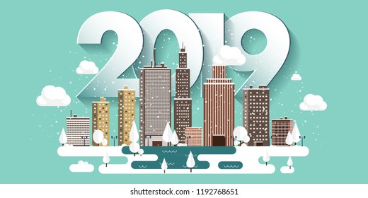 Vector illustration. 2019 winter urban landscape. City with snow. Christmas and new year. Cityscape. Buildings.Mountaines, nature.