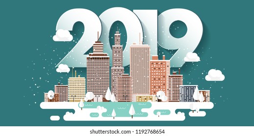 Vector illustration. 2019 winter urban landscape. City with snow. Christmas and new year. Cityscape. Buildings.Mountaines, nature.