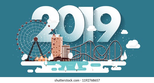Vector illustration. 2019 winter urban landscape. City with snow. Christmas and new year. Cityscape. Buildings.Mountaines, nature. Ferris wheel, park.