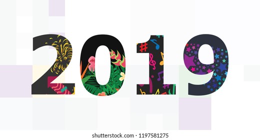 vector illustration of 2019 year with big numbers and abstract geometric pattern for banners and yearly report covers