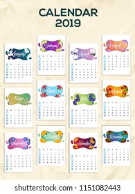 Vector illustration of 2019 yearly Calendar design. Complete set of 12 months.