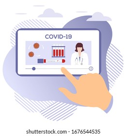 Vector illustration 2019-nCoV Human looking for information about coronavirus COVID-19 on a modern device. Pathogen respiratory Chinese coronavirus SARS pandemic risk Design for website, print