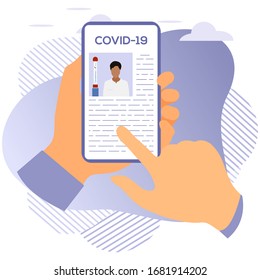 Vector ilustración 2019-nCoV Humano buscando información sobre el coronavirus COVID-19 en un dispositivo moderno. Pathogen respiratorio Coronavirus chino riesgo pandémico SARS Diseño para sitio web, impresión